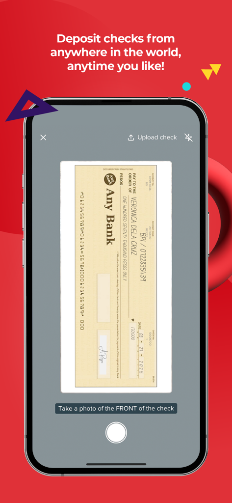 BPI - A mobile phone screen showing the BPI app feature to deposit checks by taking a photo of the front of the check.