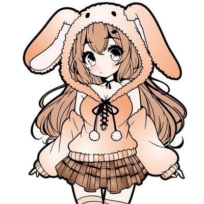 pretty anime girl wearing a fluffy hoodie with bunny ears on the hood and a skirt