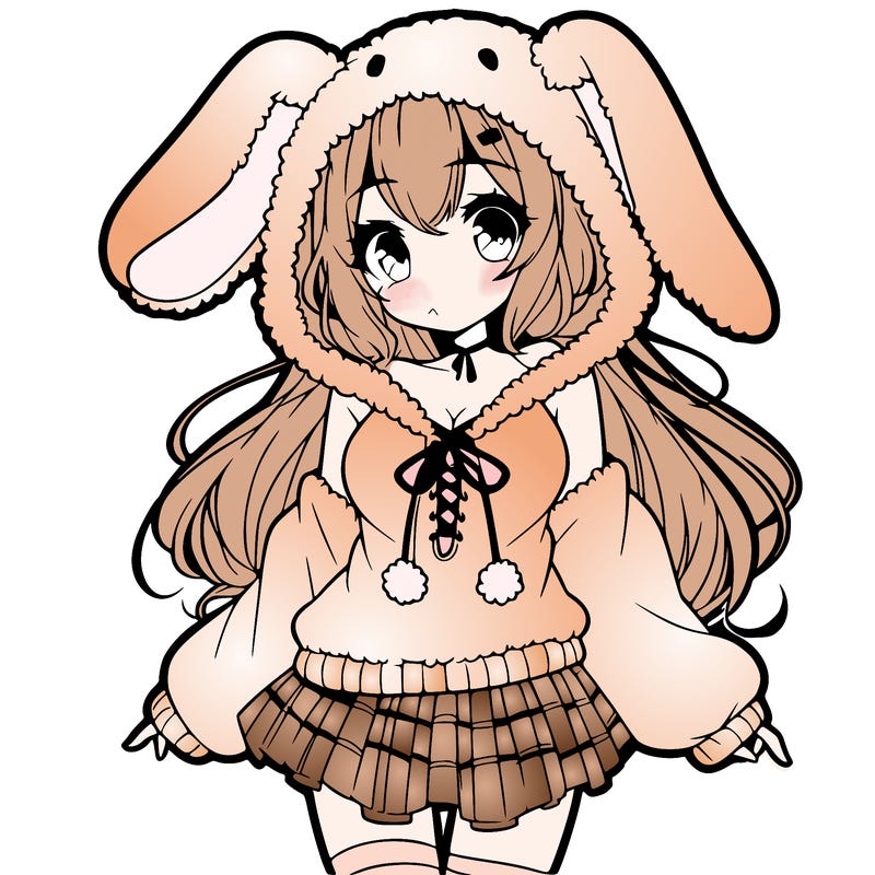 pretty anime girl wearing a fluffy hoodie with bunny ears on the hood and a skirt