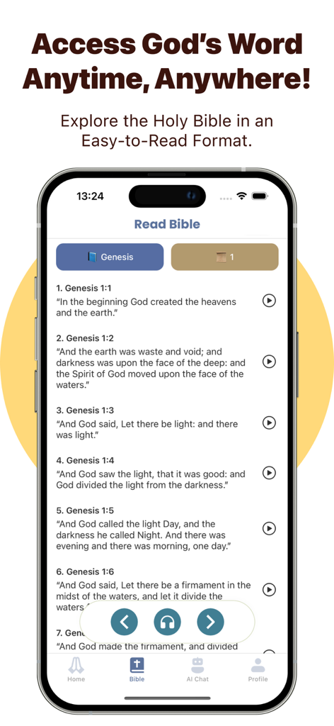 Pantalla de la aplicación Biblia IA que muestra versículos del Génesis con opciones de reproducción de audio.