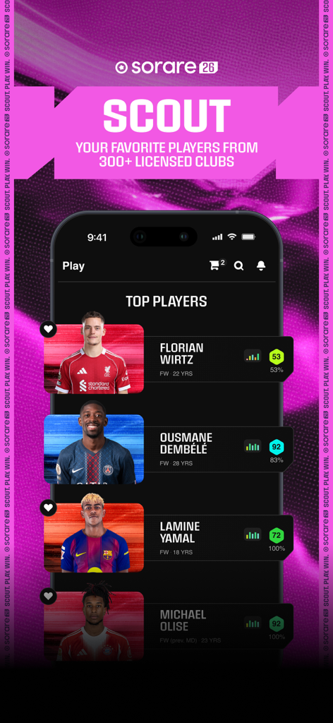Sorare app interface for scouting top soccer players from over 300 licensed clubs.