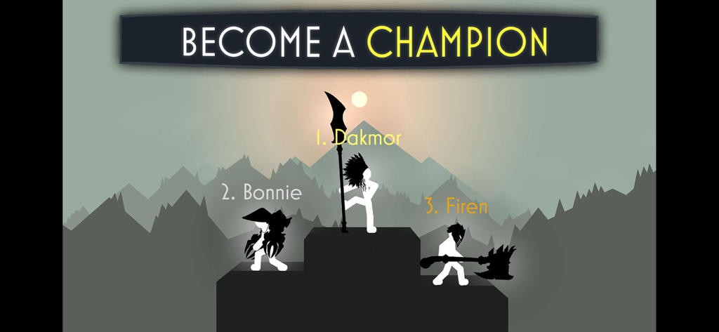 Three stickman warriors on a podium with Become a Champion text