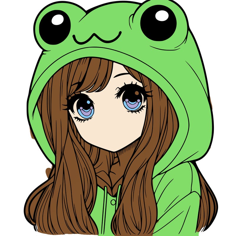 a pretty girl wearing a frog hoodie portrait with long hair