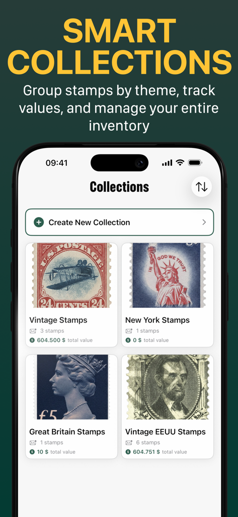 StampLens AI - Scan & Collect - Smartphone screen showing the Smart Collections feature of StampLens AI with categories like Vintage and New York stamps including their count and total market value