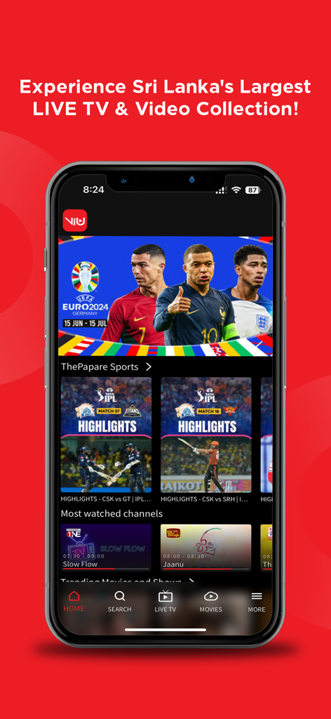 Dialog ViU app interface featuring live sports streaming and Sri Lankan TV collection