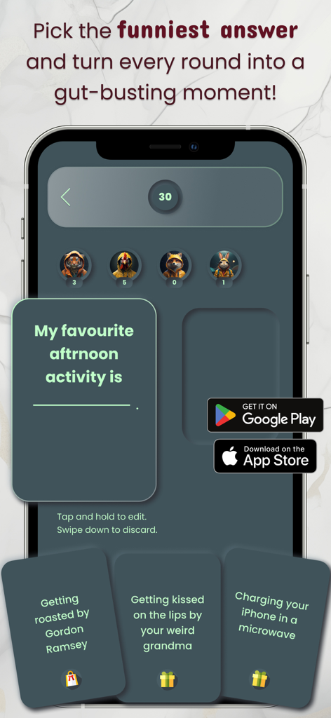 Interface of the mobile game Wrong Answers Only showing humorous answer cards for a fill in the blank prompt