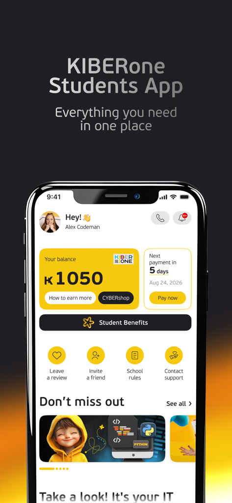 Dashboard of the KIBER 1 student app showing student balance payment status and coding course information
