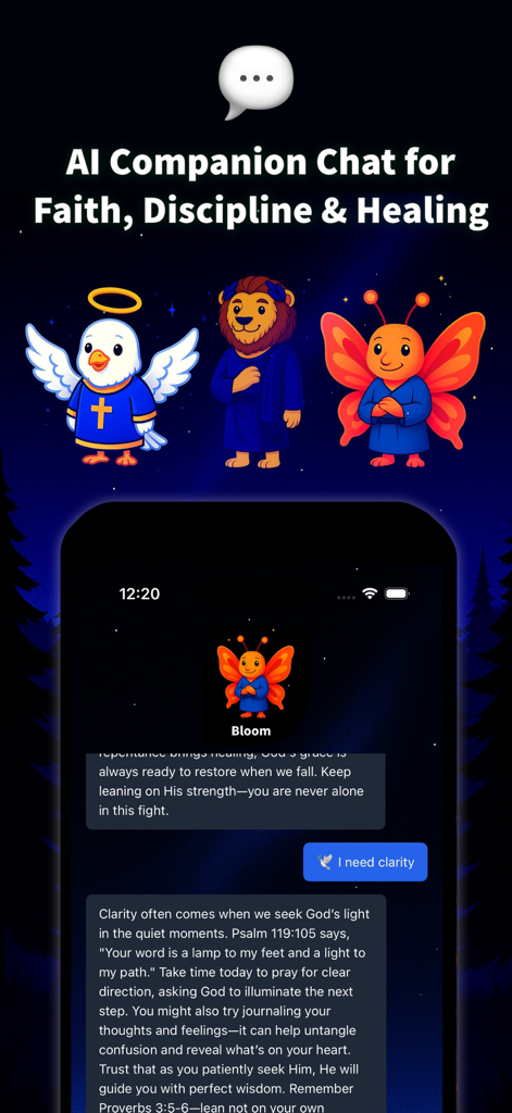 GlowArc mobile app screenshot showing AI chat for faith and healing with three character guides and a spiritual message.