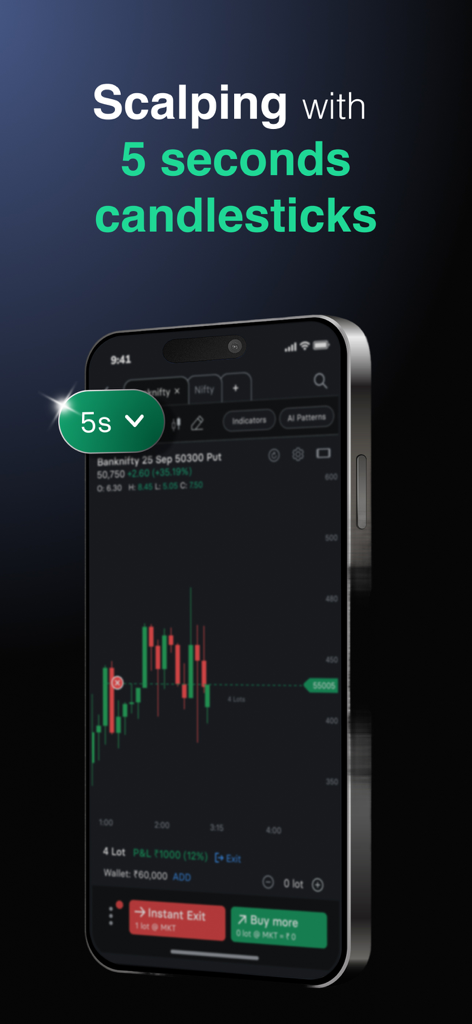 Flash Trading App by INDstocks - Interfaz de la aplicación Flash Trading que muestra un gráfico de velas de 5 segundos para scalping y operaciones de opciones.