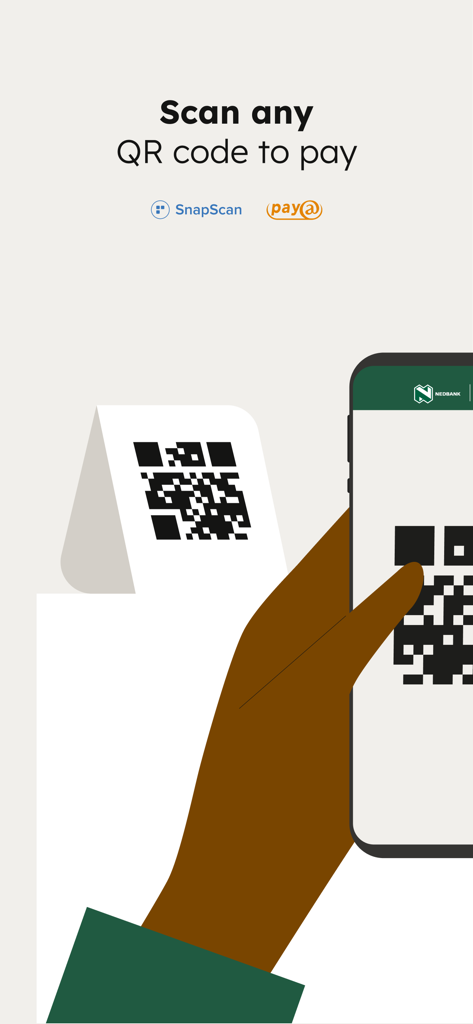 A hand holding a smartphone to scan a QR code for payments using the Nedbank Scan to Pay app