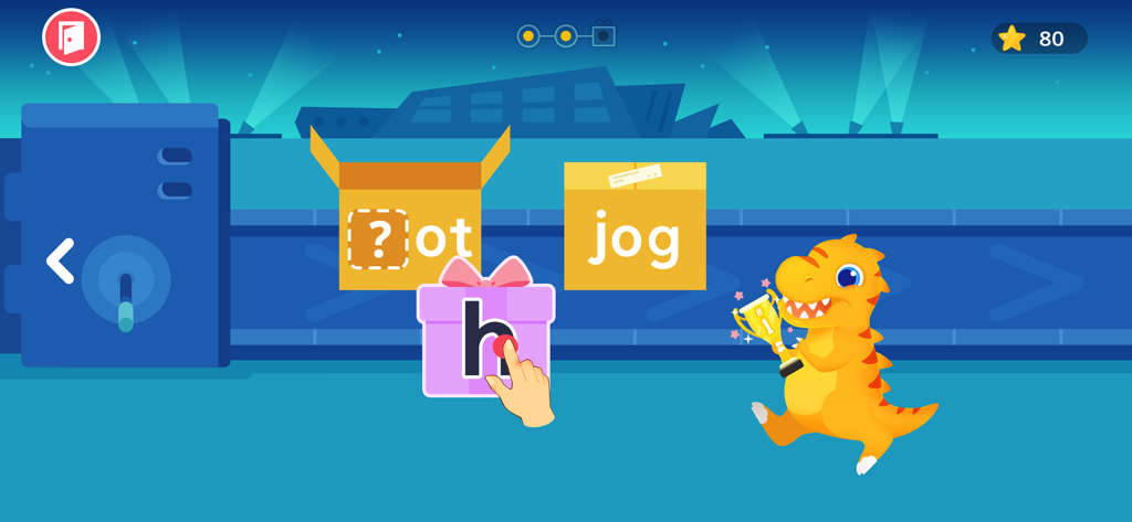 Ein Dinosaurier-Charakter beobachtet ein Kind, das ein CVC-Wort vervollständigt, indem es den Buchstaben H auf einem Förderband zum Wort OT zieht.