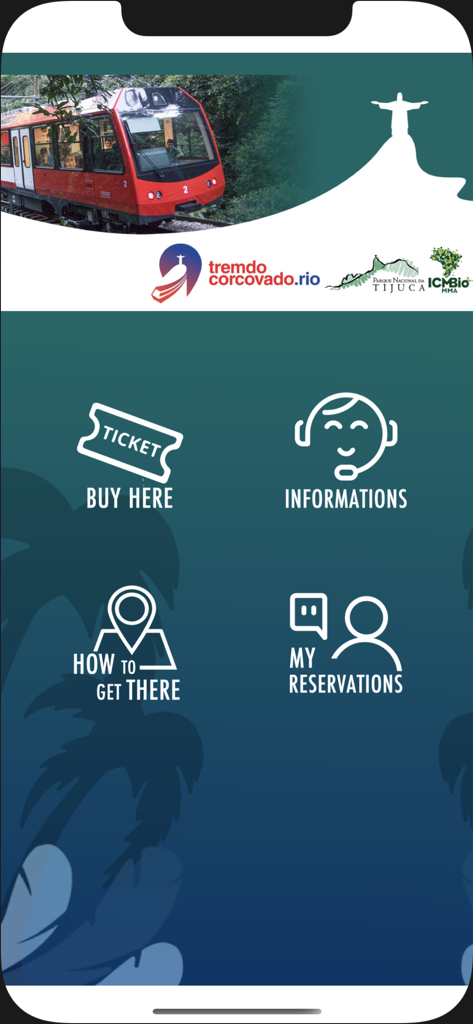 Trem do Corcovado - Oficial - Menu principale dell'app ufficiale Trem do Corcovado per la prenotazione dei biglietti per il Cristo Redentore