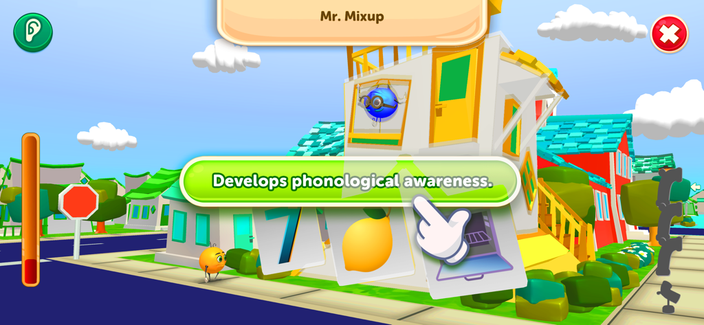 Una captura de pantalla del juego Mr Mixup en la aplicación Madam Word que se enfoca en la conciencia fonológica para niños.