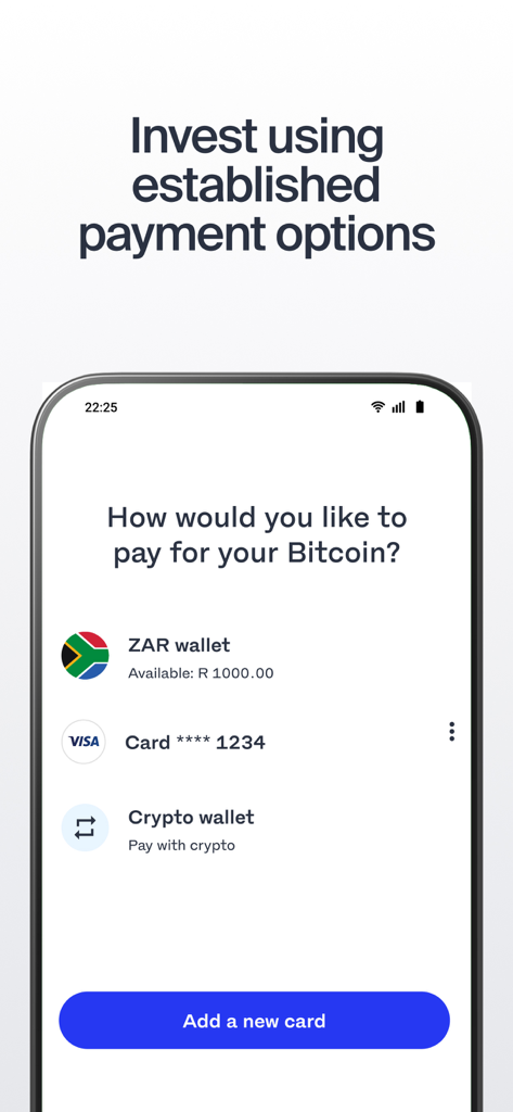 Luno App-Bildschirm, der Zahlungsoptionen für den Kauf von Bitcoin anzeigt, einschließlich Fiat-Wallet, Kreditkarte und Krypto-Wallet