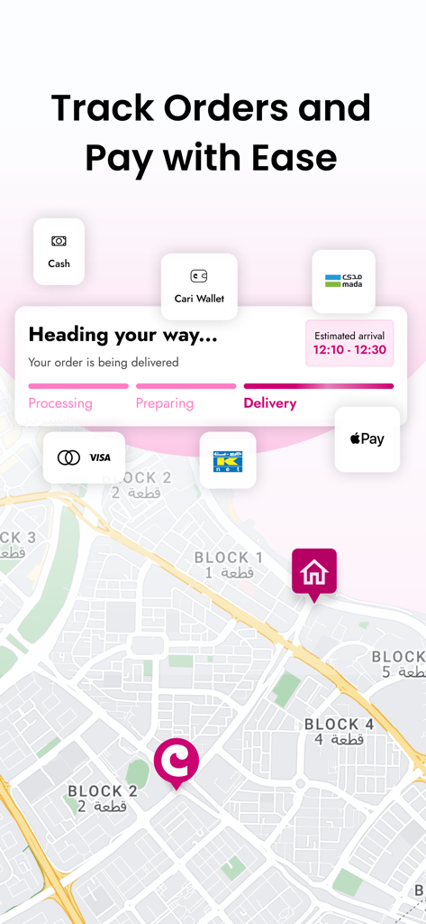 Cari: The best food delivered - Cari app interface for tracking deliveries on a map with multiple payment options