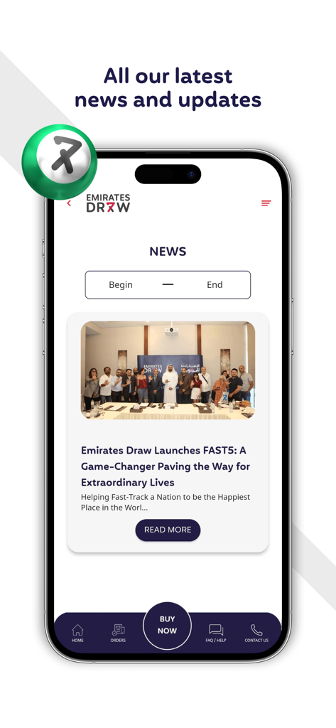 Emirates Draw - A mobile screen showing the latest news and updates section of the Emirates Draw app.