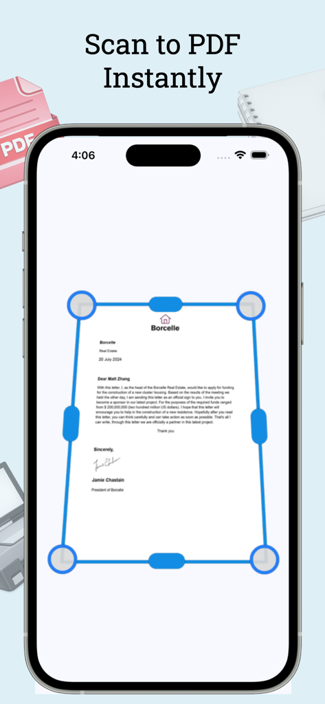 Text Scan : Image to Text OCR - Pantalla de iPhone que muestra un documento siendo escaneado y convertido en un archivo PDF.