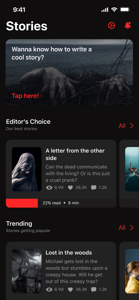 Horror Games & Chat Stories - Interfaccia dell'app di storie chat horror interattive che mostra un elenco di storie spaventose di tendenza e strumenti per la creazione di storie