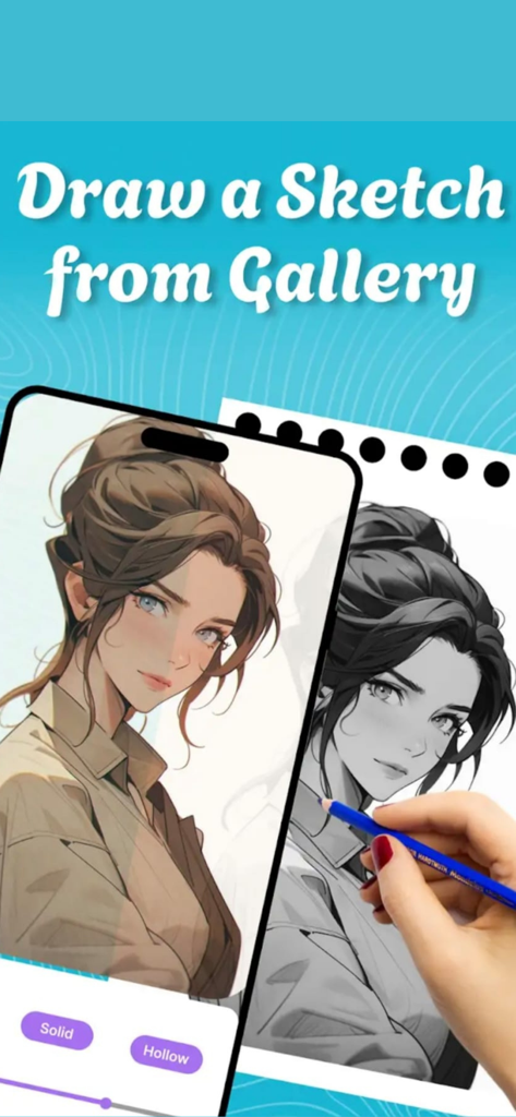 Draw Anime - AR Tracing - Una persona usando un iPhone para trazar un personaje de anime de su galería de fotos en un cuaderno de bocetos de papel