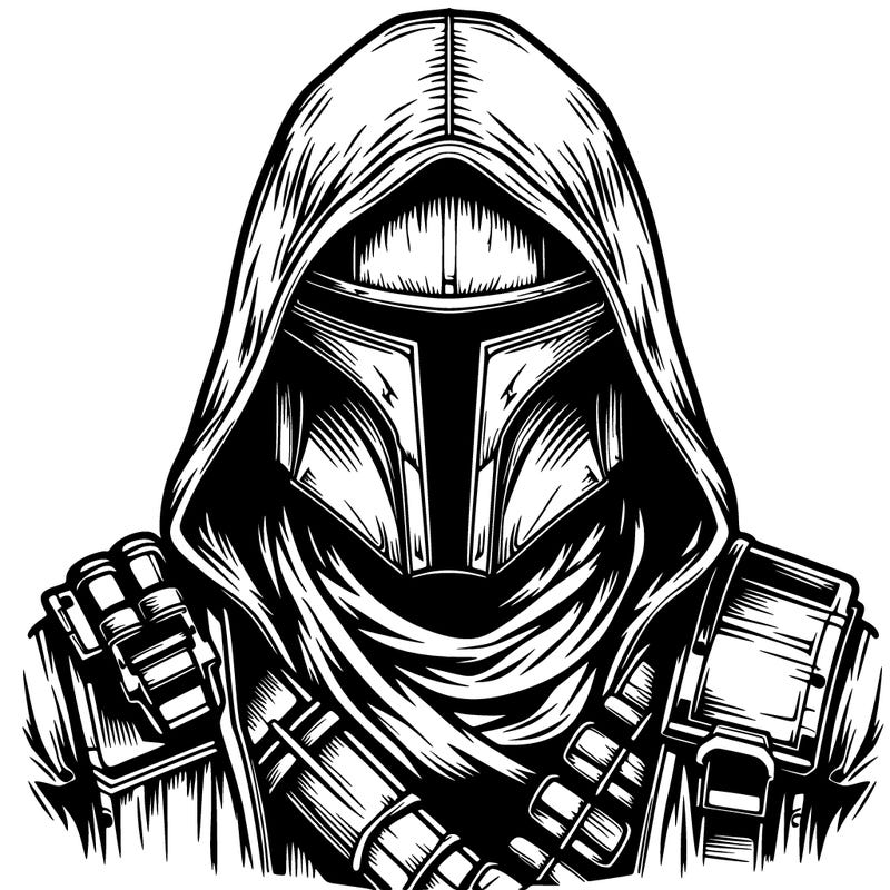 realistic warrior bounty hunter with mask and hood on