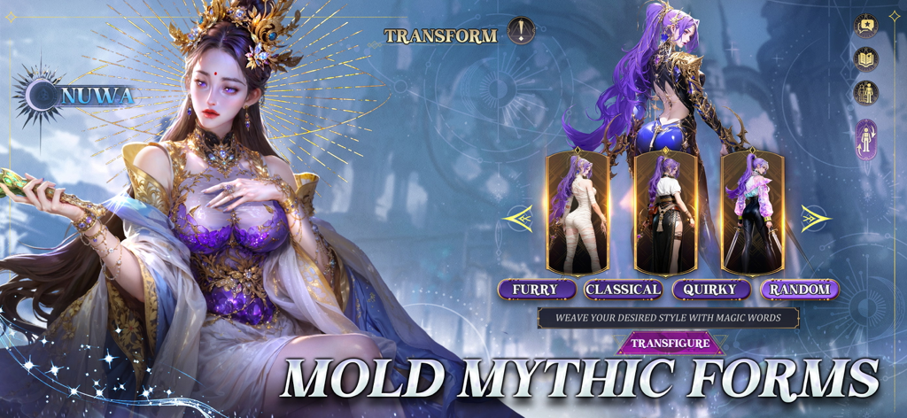 KI-Charakter-Anpassungsbildschirm in Motto Immortal, der verschiedene Stiloptionen für Göttin Nuwa zeigt.