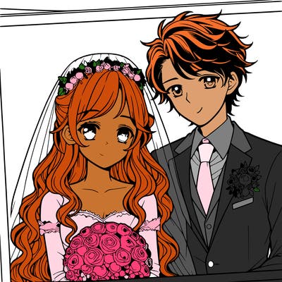 a couple is getting married she has long hair he short and curly in anime style with eyes and wedding clothes