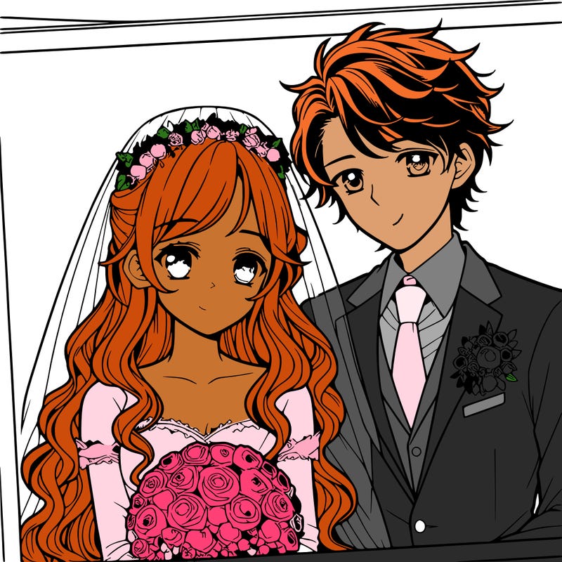a couple is getting married she has long hair he short and curly in anime style with eyes and wedding clothes