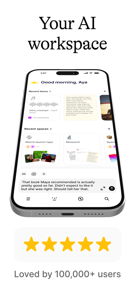 Fabric: AI Notes, Files, Ideas - An iPhone displaying the Fabric app dashboard with the title Your AI workspace and a five-star user rating.