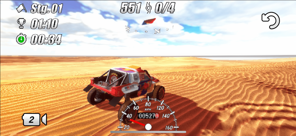 DuneDrift - A rally truck driving over sand dunes in the desert racing game DuneDrift