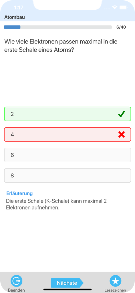 Teste dein Chemie-Wissen - 原子構造に関する化学クイズ画面。正解がハイライトされ、詳細な解説が表示されます。