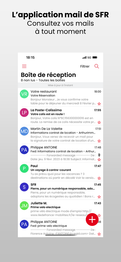 Interface de la boîte de réception de l'application SFR Mail sur un écran de smartphone montrant une liste d'e-mails reçus.