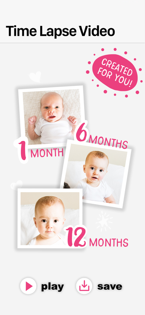 App screen showing an automatically created time-lapse video of a baby growing from 1 to 12 months.
