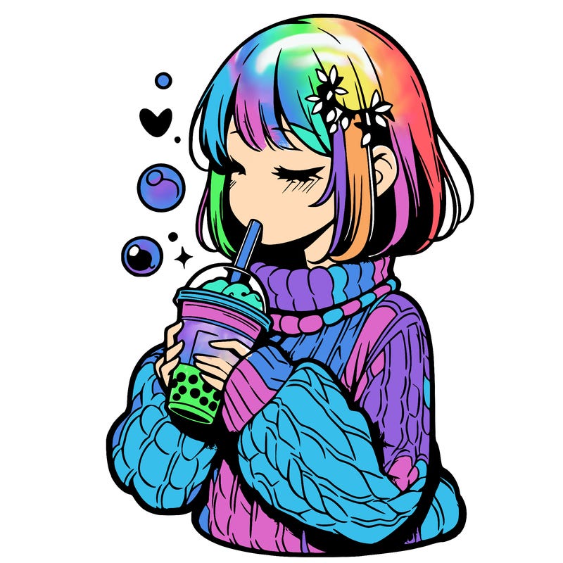 manga girl drinking boba in cozy sweater
