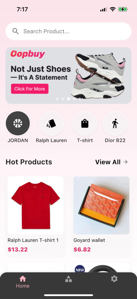 Oopbuy mobile app home screen displaying streetwear categories and hot products like sneakers and designer accessories