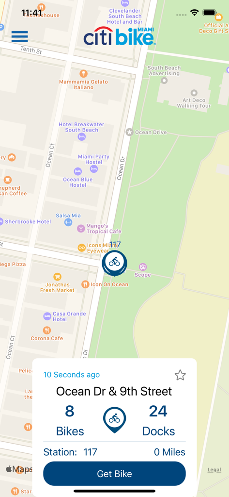 Citi Bike Miami app interface showing bike station availability and locations on a map
