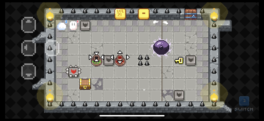 Ghost'n Brothers - Two pixel art ghosts in a dungeon puzzle level with spikes and a key