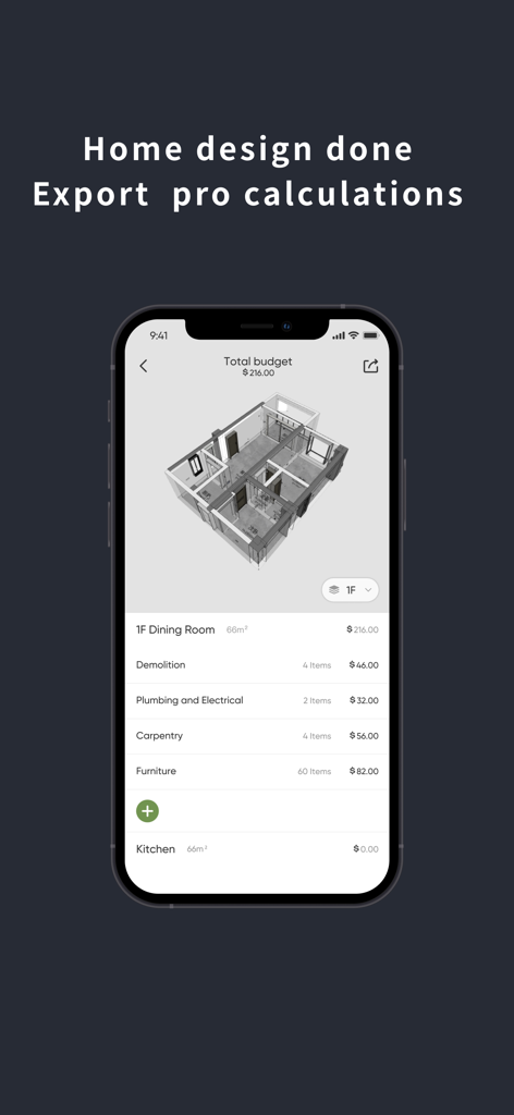 JoyPlan-Quick House Design 3D - JoyPlan app interface displaying a 3D room model and detailed renovation cost breakdown