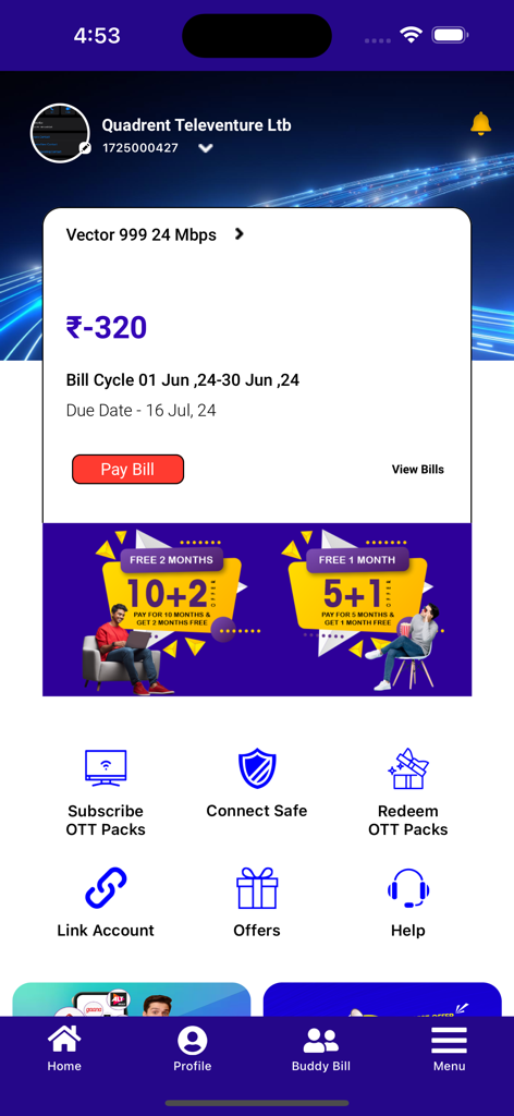 Connect Broadband - Connect Broadband mobile app home screen showing bill summary payment button and service shortcuts