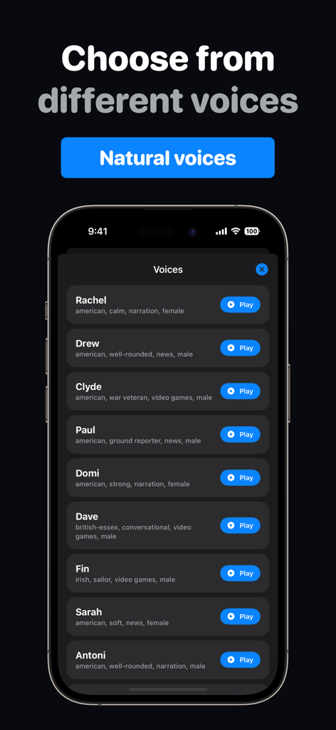 AIボイスジェネレーターアプリのインターフェース。テキスト読み上げ用の多様な自然な音声リストが表示されています。