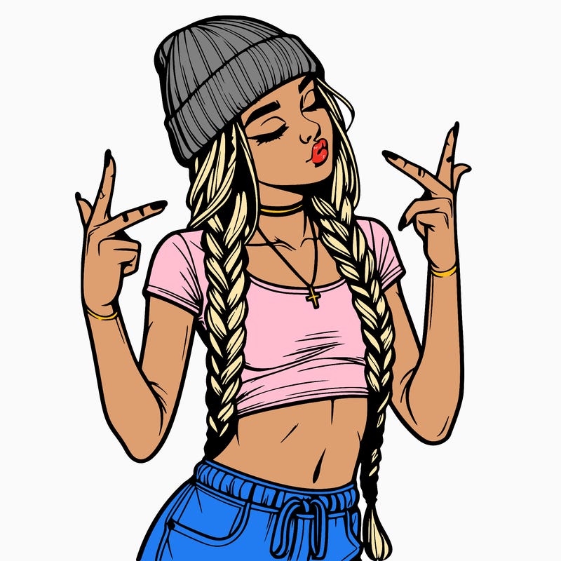 realistic teenage girl with braids and a beanie and crop top doing 🫶🏼