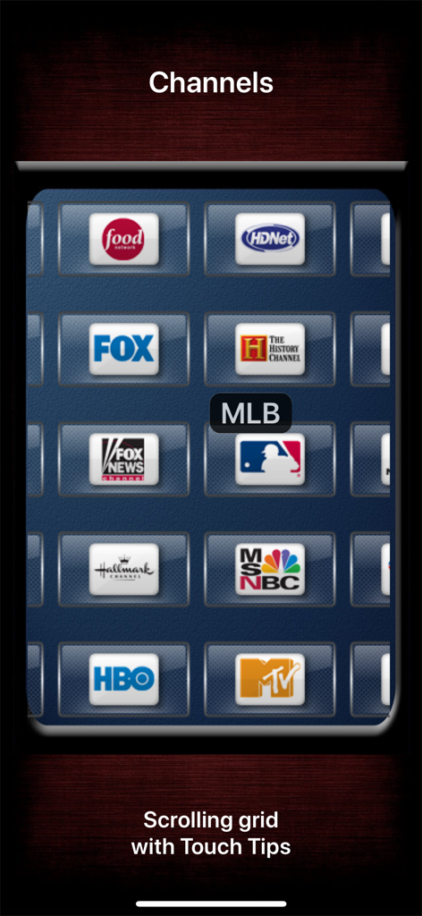 Una cuadrícula desplazable personalizable de logotipos de canales de TV con una sugerencia táctil en la aplicación TouchControl