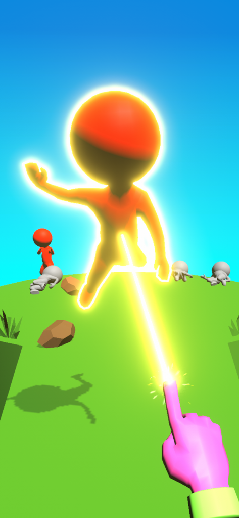 First-person gameplay of a pink hand lifting a glowing enemy with a yellow magic beam