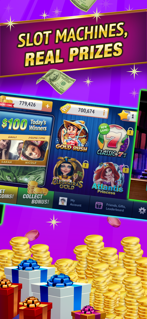 SpinToWin Slots & Sweepstakes - SpinToWin Slots game lobby showing themed slot machines and daily cash prize winners