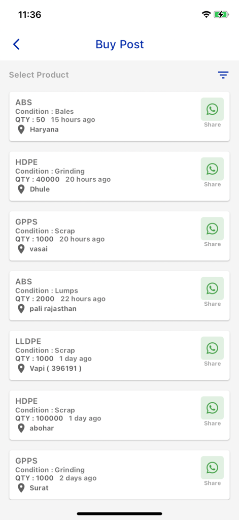 Polytrend app interface showing a list of buy posts for various plastic polymers including ABS and HDPE