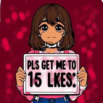realistic girl holding up a sign that says “pls get me to 15 likes!”
