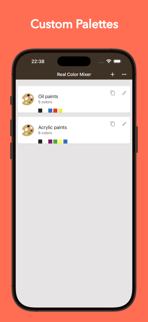 Real Color Mixer app interface displaying custom palettes for oil and acrylic paints