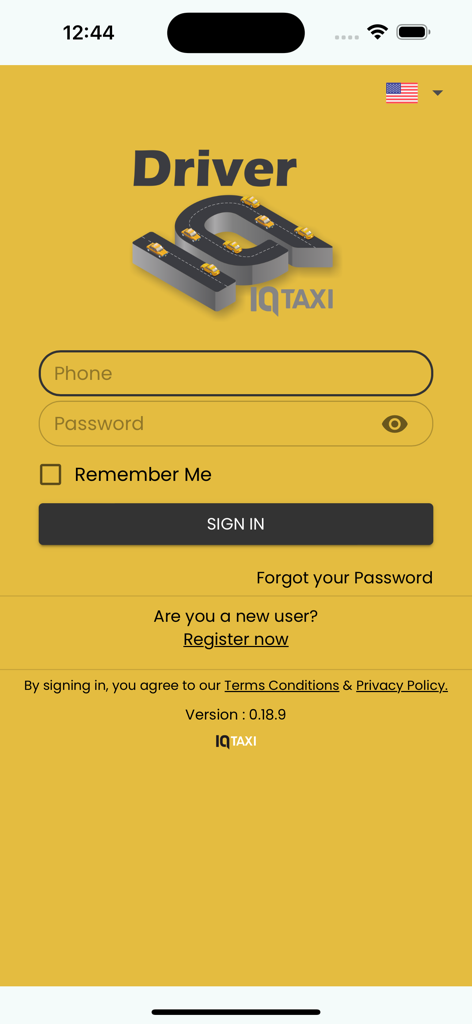 黄色の背景に電話番号とパスワードの入力フィールドがあるIQ Taxi Driverアプリのログインインターフェース