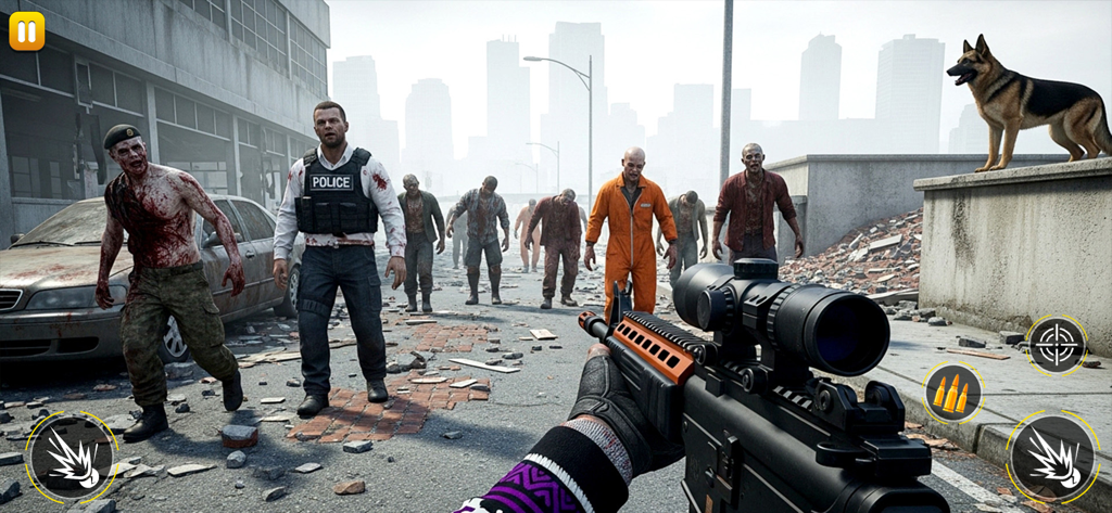 Zombie Games : Survival Games - Vista en primera persona de un jugador apuntando con un rifle a zombis en una calle de la ciudad