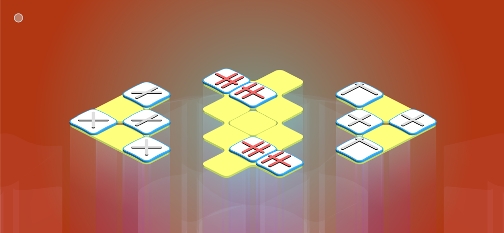 "OXXO" - 浮遊する黄色のプラットフォーム上のさまざまなシンボルが付いたブロックを示すOXXOミニマル3Dパズルゲーム画面