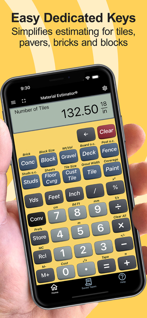 Interface do aplicativo Calculadora Estimadora com teclas dedicadas para calcular materiais de construção como azulejos e tijolos